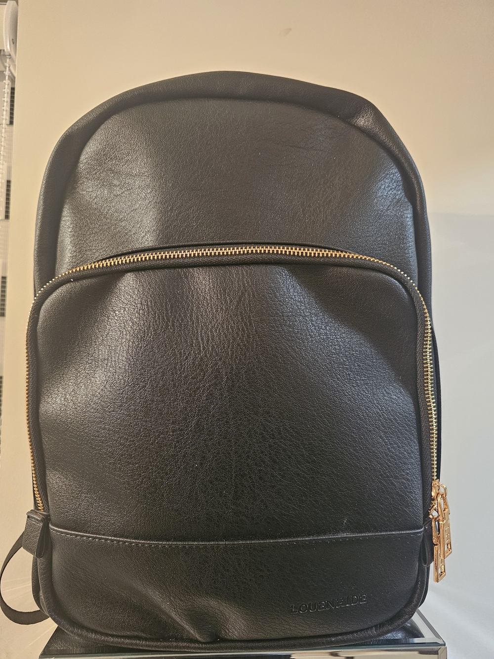 Louenhide Black Leatherette Backpack with Gold Zippers